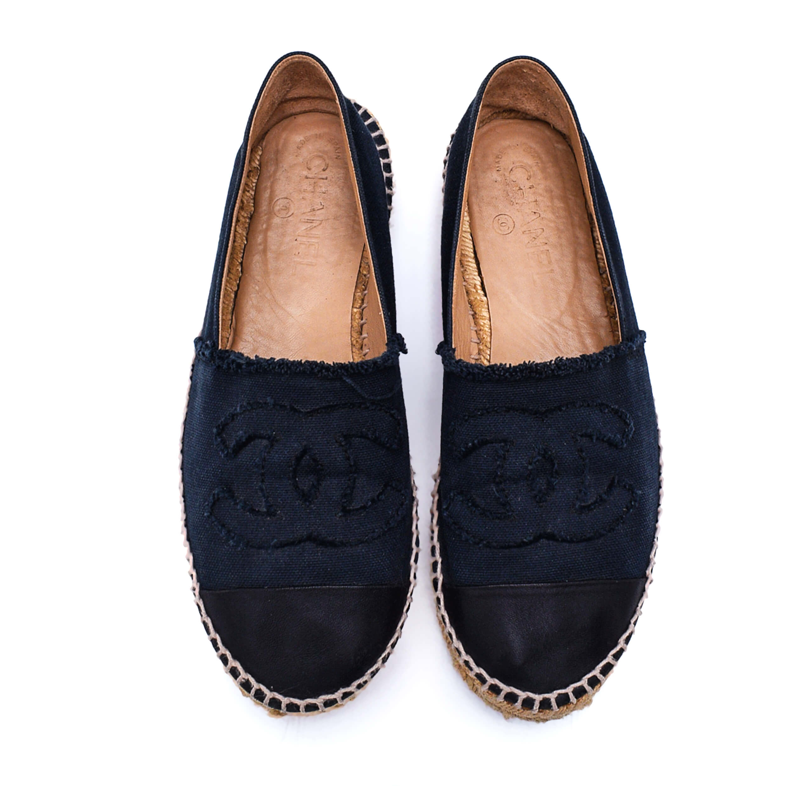 Chanel- Black Leather and Navy Canvas  CC Espadrilles / 38